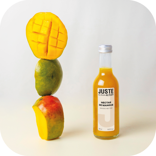 Bouteille en verre de nectar de mangue de couleur orange 25 cl de face totem de fruits -  Juste le Choix du Fruit