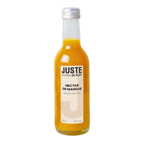 Bouteille en verre de nectar de mangue de couleur orange 25 cl de face -  Juste le Choix du Fruit