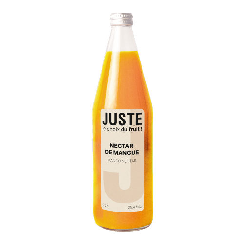 Bouteille en verre de nectar de mangue de couleur orange 75 cl de face -  Juste le Choix du Fruit