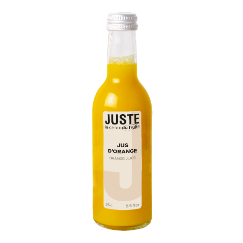 Bouteille en verre de jus d'orange de couleur orange 25 cl de face -  Juste le Choix du Fruit