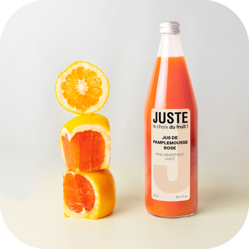 Bouteille en verre de jus de pamplemousse rose de couleur orange rose 75 cl de face totem fruits -  Juste le Choix du Fruit