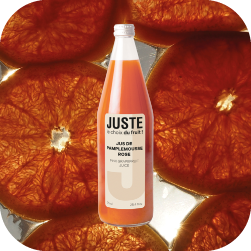 Bouteille en verre de jus de pamplemousse rose de couleur orange rose 75 cl de face fruit sous vide Juste le Choix du Fruit