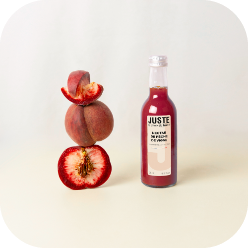 Bouteille en verre de nectar de pêche de vigne de couleur bordeaux 25 cl de face totem de fruits -  Juste le Choix du Fruit