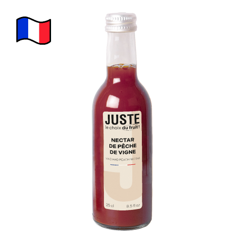 Bouteille en verre de nectar de pêche de vigne de couleur bordeaux 25 cl de face -  Juste le Choix du Fruit