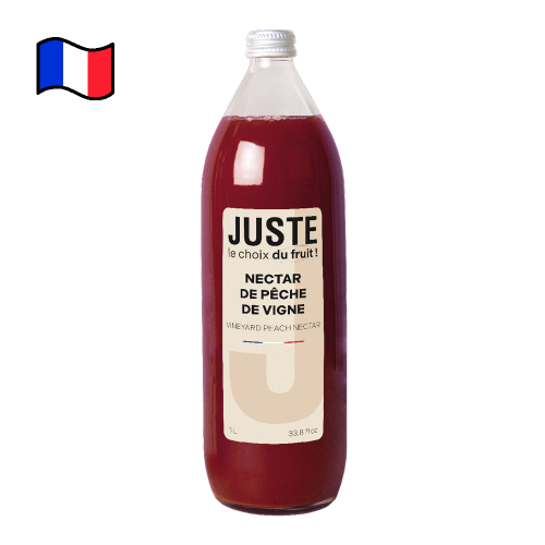 Bouteille en verre de nectar de pêche de vigne de couleur bordeaux 1L de face -  Juste le Choix du Fruit