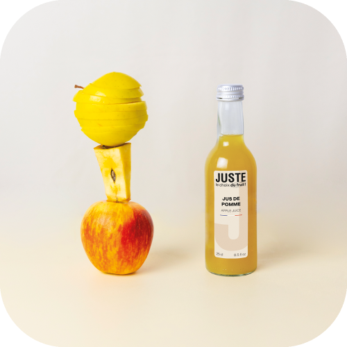 Bouteille en verre de jus de pomme de couleur jaune 25 cl de face totem fruits -  Juste le Choix du Fruit
