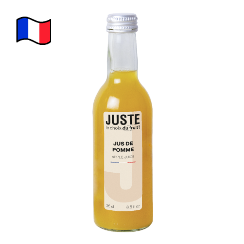Bouteille en verre de jus de pomme de couleur jaune 25 cl de face -  Juste le Choix du Fruit
