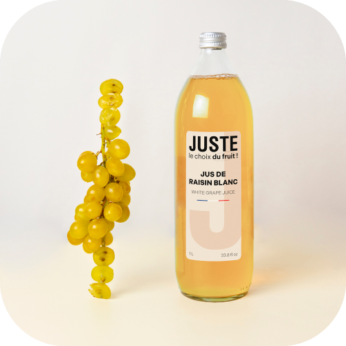 Bouteille en verre de jus de raisin blanc de couleur jaune 1L de face totem fruit -  Juste le Choix du Fruit