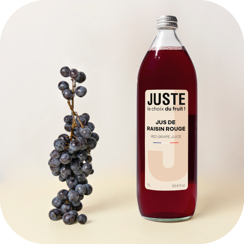 Bouteille en verre de jus de raisin rouge de couleur bordeaux 1L de face totem fruit grappe -  Juste le Choix du Fruit