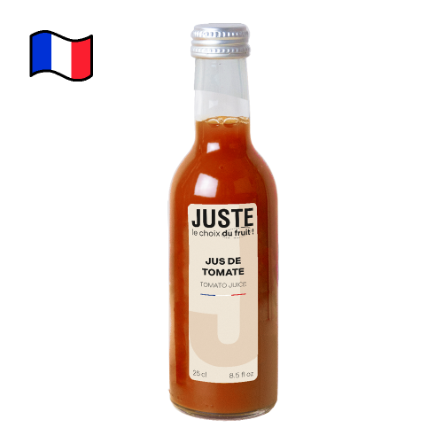 Bouteille en verre de jus de tomate de couleur rouge 25 cl de face -  Juste le Choix du Fruit