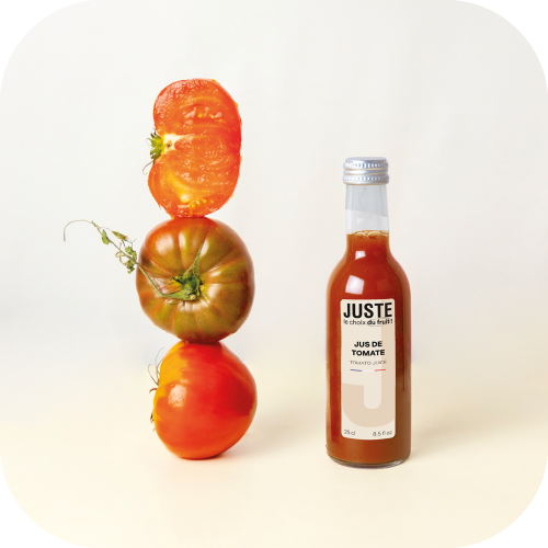 Bouteille en verre de jus de tomate de couleur rouge 25 cl de face totem fruit -  Juste le Choix du Fruit