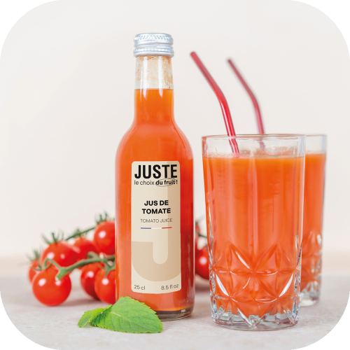 Bouteille en verre de jus de tomate de couleur rouge 25 cl de face verre fruits -  Juste le Choix du Fruit