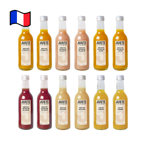 Bouteilles de 25 cl : nectar d'abricot, poire, pêche blanche, pêche jaune, de vigne, jus de pomme Juste le Choix du Fruit