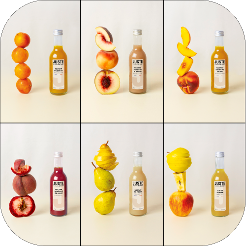 Bouteilles de 25 cl : nectar d'abricot, poire, pêche blanche, pêche jaune, de vigne, jus de pomme Juste le Choix du Fruit