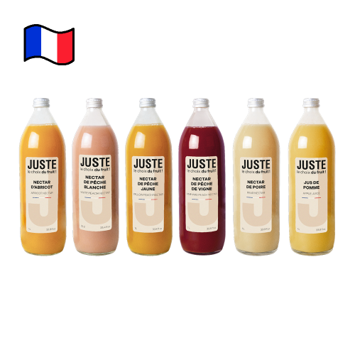 Bouteilles de 1L : nectar d'abricot, poire, pêche blanche, pêche jaune, de vigne, jus de pomme - Juste le Choix du Fruit