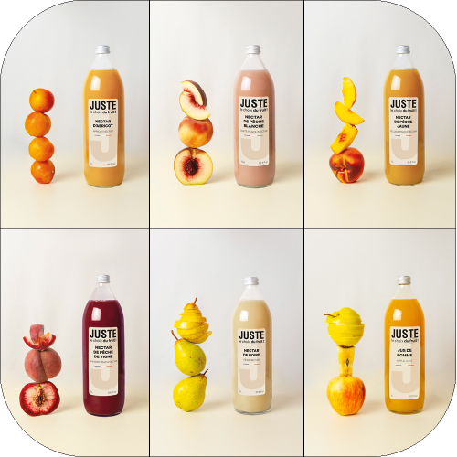 Bouteilles de 1L : nectar d'abricot, poire, pêche blanche, pêche jaune, de vigne, jus de pomme - Juste le Choix du Fruit
