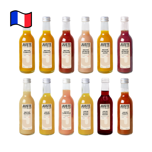 Bouteilles 25cl nectar abricot, fraise, poire, pêche, jus pomme, tomate, raisin blanc, rouge Juste le Choix du Fruit