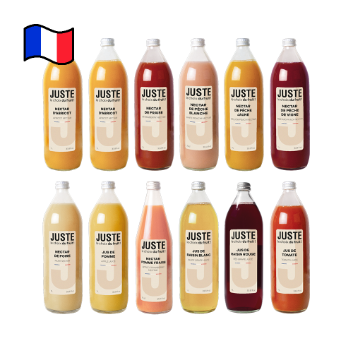 Bouteilles 1L nectar abricot, fraise, poire, pêche, jus pomme, tomate, raisin blanc, rouge Juste le Choix du Fruit
