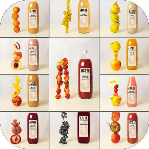 Bouteilles 1L nectar abricot, fraise, poire, pêche, jus pomme, tomate, raisin blanc, rouge Juste le Choix du Fruit