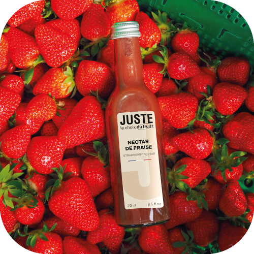 Bouteille en verre de nectar de fraise de couleur rouge 25 cl couchée dans cagette de fruits -  Juste le Choix du Fruit