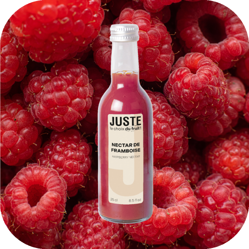 Bouteille en verre de nectar de framboise de couleur rouge rose fuchsia 25 cl de face fond fruit -  Juste le Choix du Fruit