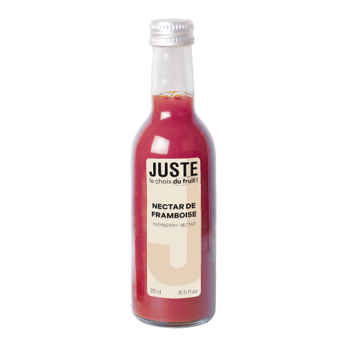 Bouteille en verre de nectar de framboise de couleur rouge rose fuchsia 25 cl de face -  Juste le Choix du Fruit