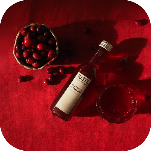 Bouteille en verre de nectar de cranberry de couleur rouge bordeaux 25 cl posé sur la table -  Juste le Choix du Fruit