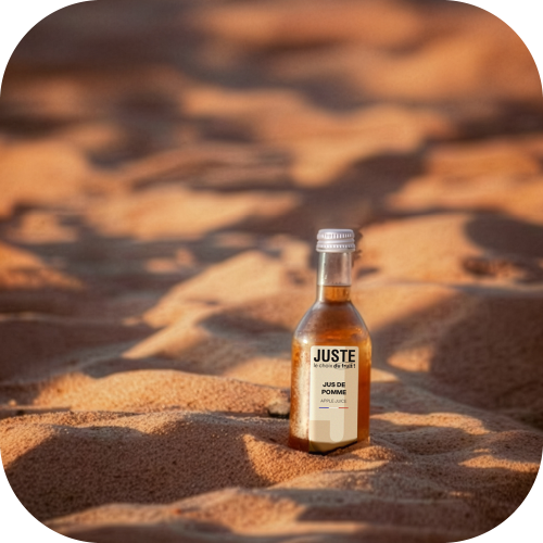 Bouteille en verre de jus de pomme de couleur jaune 25 cl de face dans le sable plage -  Juste le Choix du Fruit